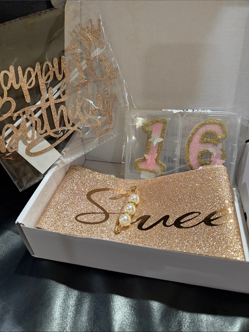 Rose Gold "Sweet 16" Glitter Sash Party Set